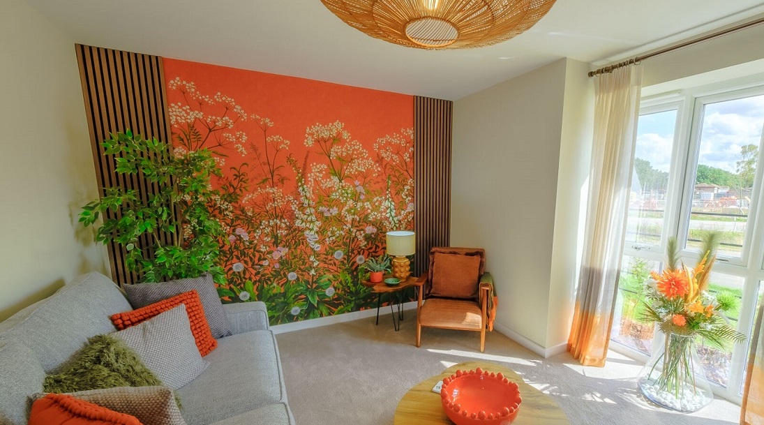 One at Charterholme show home lounge biofilic mural