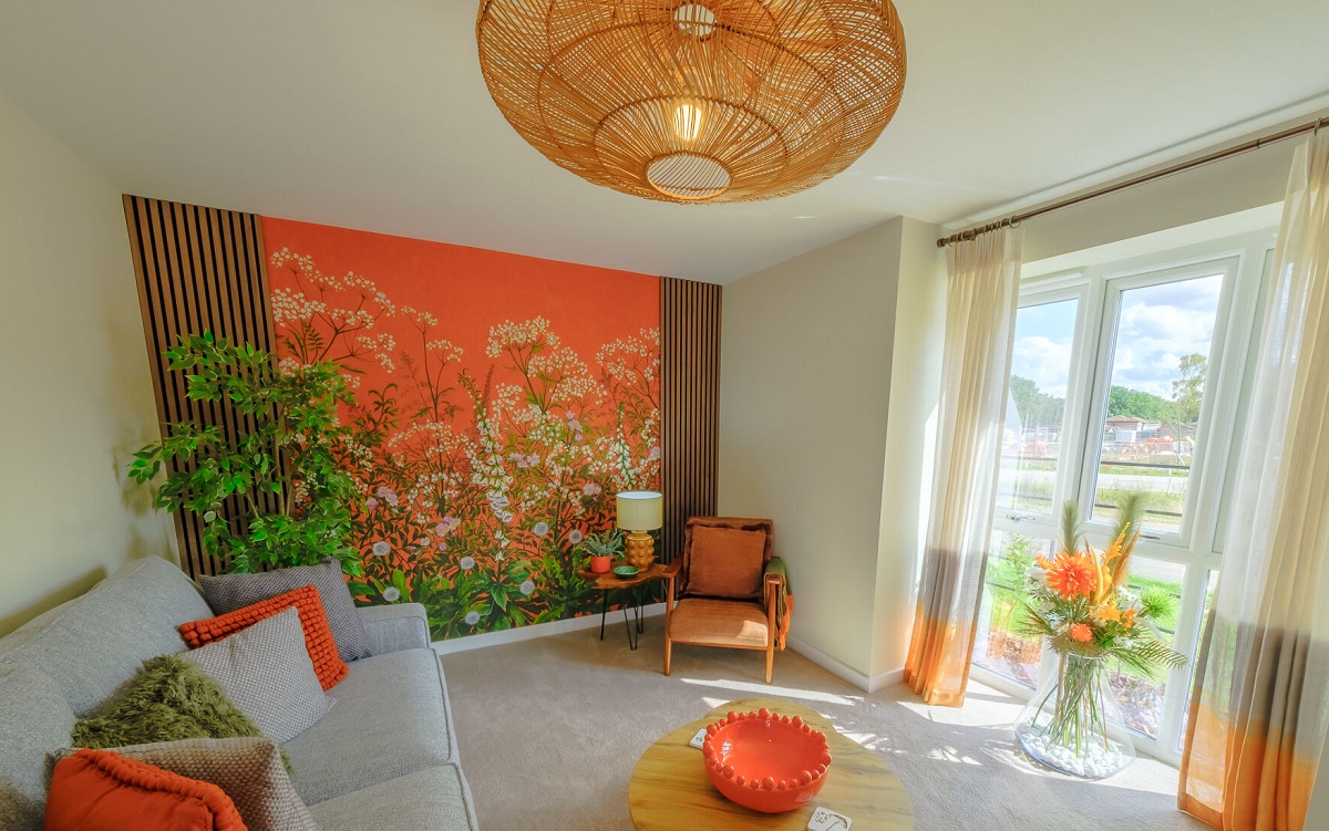 One at Charterholme show home lounge biofilic mural